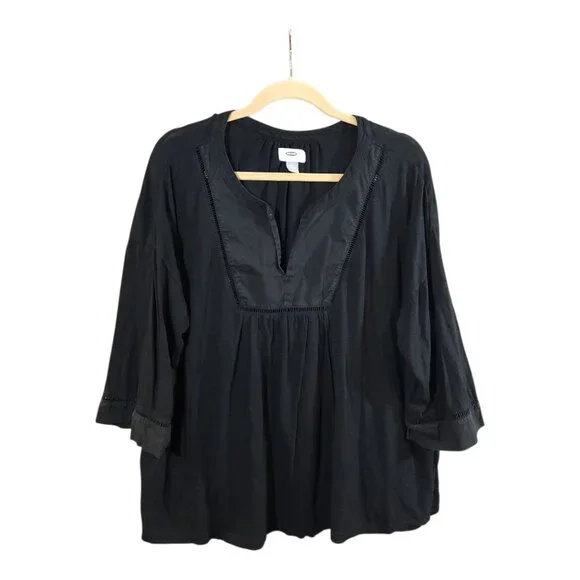 Old Navy Black 3/4 Sleeve Split Neck Ladder Stitch Top Casual Boho Women's XXL - Picture 1 of 6